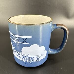 Vintage Otagiri Mug Airplanes Biplanes Japan Hand Painted Stoneware Blue Coffee